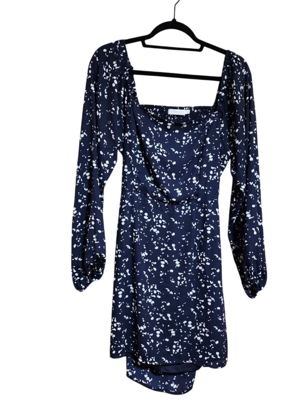 Lush navy white floral square-neck mini dress Balloon sleeves Womens Size L